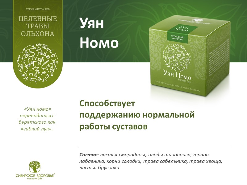 Уян Номо  «Уян номо» переводится с бурятского как «гибкий лук».  Состав: листья